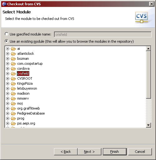 Browse or type your module to checkout from cvs.